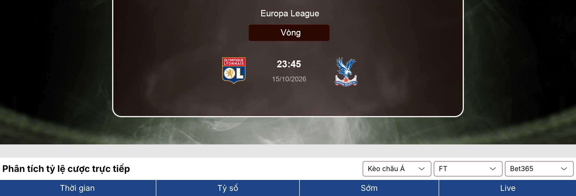 Soi tỷ lệ kèo: Lyon vs Crystal Palace 23h45 ngày 15/10/2026 1 Soi tỷ lệ kèo